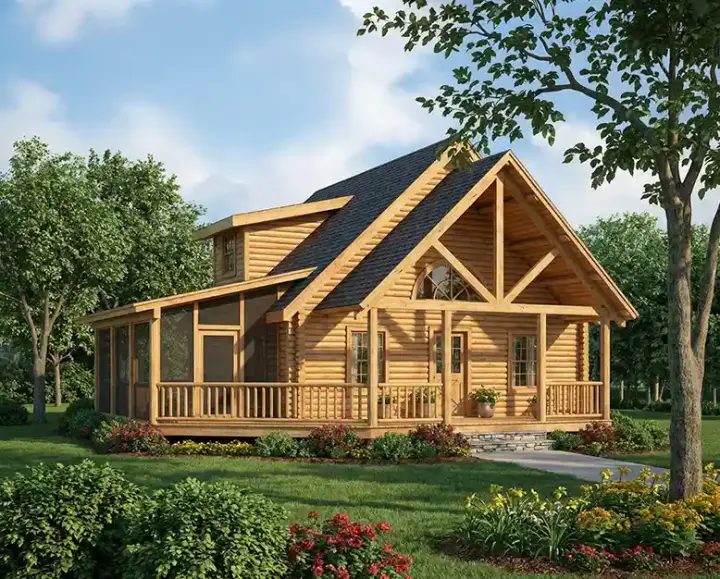 Log Cabin house plans 12-796 - front exterior, 1,122 sq ft, 3 bed, 2 bath house plans | Monster House Plans