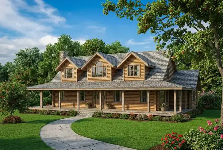 Log Cabin house plans 12-801 - front exterior, 2,580 sq ft, 3 bed, 2 bath house plans | Monster House Plans