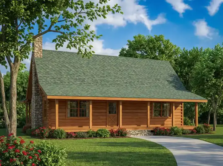 Log Cabin house plans 12-807 - front exterior, 2,046 sq ft, 2 bed, 2 bath house plans | Monster House Plans