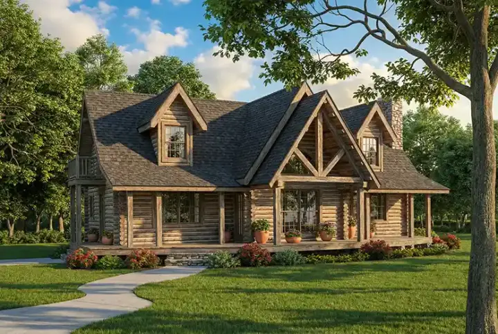 Log Cabin house plans 12-812 - front exterior, 1,743 sq ft, 2 bed, 2 bath house plans | Monster House Plans