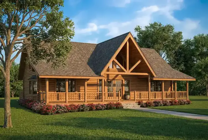 Log Cabin house plans 12-814 - front exterior, 2,301 sq ft, 2 bed, 2 bath house plans | Monster House Plans