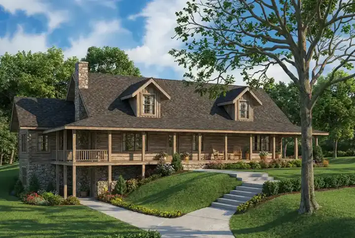 Log Cabin house plans 12-816 - front exterior, 2,821 sq ft, 2 bed, 2 bath house plans | Monster House Plans