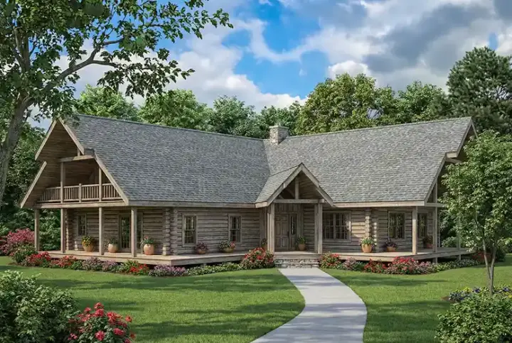 Log Cabin house plans 12-818 - front exterior, 3,378 sq ft, 3 bed, 2 bath house plans | Monster House Plans