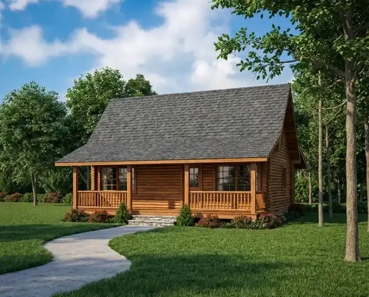Log Cabin house plans 12-820 - front exterior, 977 sq ft, 2 bed, 1 bath house plans | Monster House Plans
