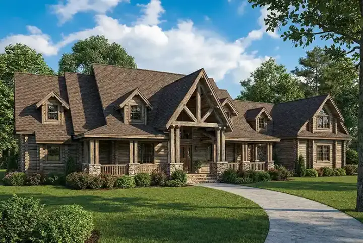 Log Cabin house plans 12-828 - front exterior, 4,885 sq ft, 4 bed, 4 bath house plans | Monster House Plans
