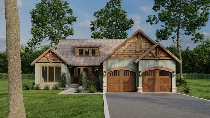 Mountain Rustic house plans 12-838 - front exterior, 1,485 sq ft, 3 bed, 2 bath house plans | Monster House Plans