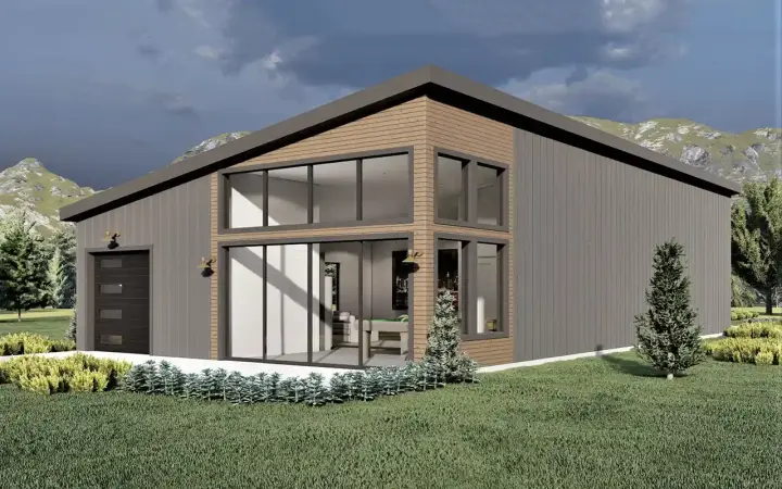 Contemporary house plans 121-173 - front exterior, 1,068 sq ft, 1 bed, 1 bath house plans | Monster House Plans