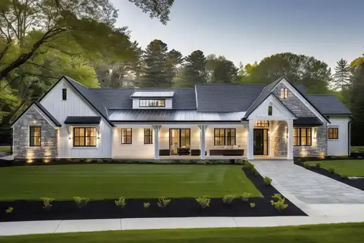 Modern Farmhouse house plans 121-213 - front exterior, 3,972 sq ft, 3 bed, 3 bath house plans | Monster House Plans