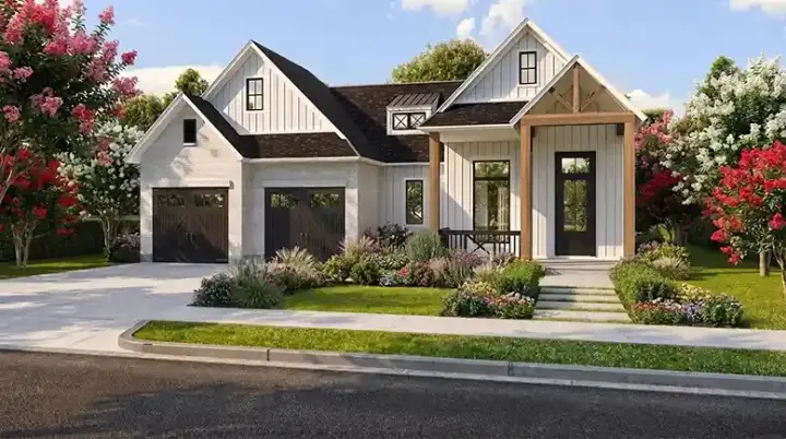Modern Farmhouse house plans 122-136 - front exterior, 2,175 sq ft, 3 bed, 2 bath house plans | Monster House Plans