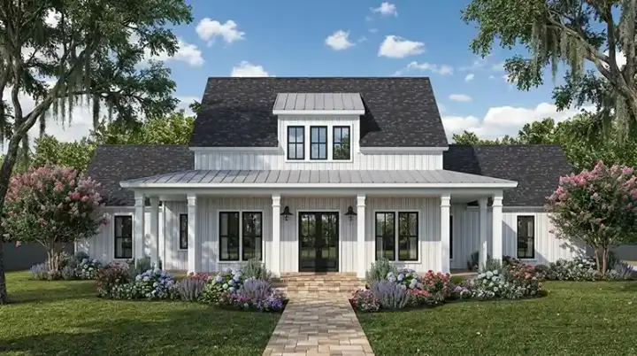 Modern Farmhouse house plans 122-145 - front exterior, 2,360 sq ft, 4 bed, 3 bath house plans | Monster House Plans