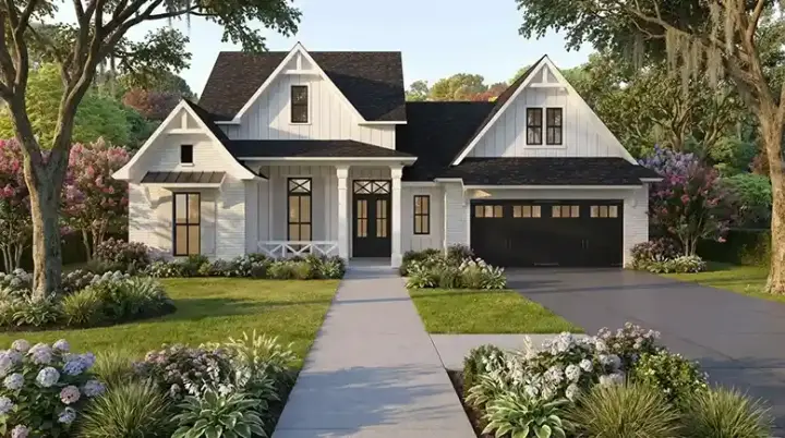 Modern Farmhouse house plans 122-166 - front exterior, 2,465 sq ft, 4 bed, 3 bath house plans | Monster House Plans