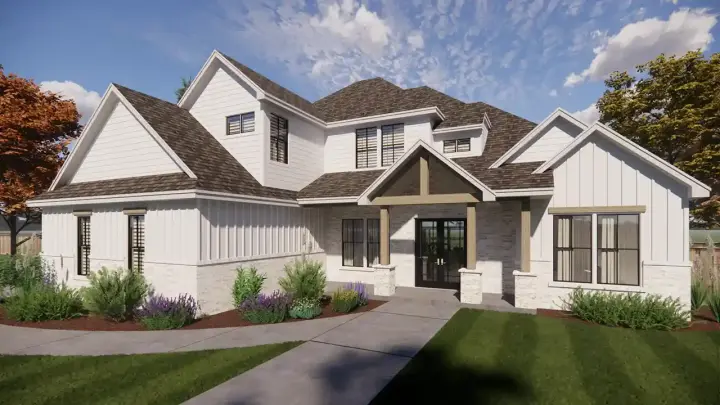 Modern Farmhouse house plans 129-101 - front exterior, 2,749 sq ft, 4 bed, 3 bath house plans | Monster House Plans