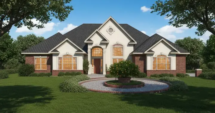 European house plans 13-117 - front exterior, 2,437 sq ft, 3 bed, 2 bath house plans | Monster House Plans