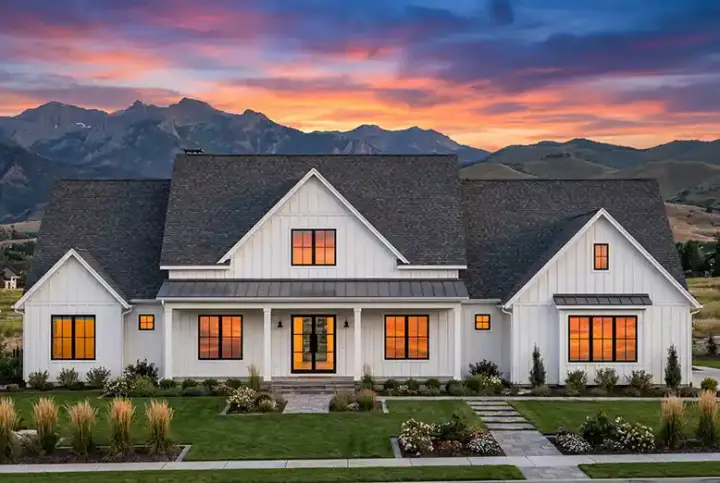 Modern Farmhouse house plans 131-155 - front exterior, 4,083 sq ft, 4 bed, 4 bath house plans | Monster House Plans