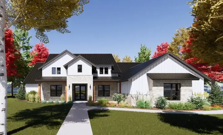 Modern Farmhouse house plans 131-164 - front exterior, 3,615 sq ft, 4 bed, 4 bath house plans | Monster House Plans
