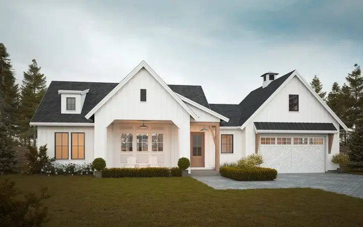 Modern Farmhouse house plans 133-186 - front exterior, 1,458 sq ft, 3 bed, 2 bath house plans | Monster House Plans