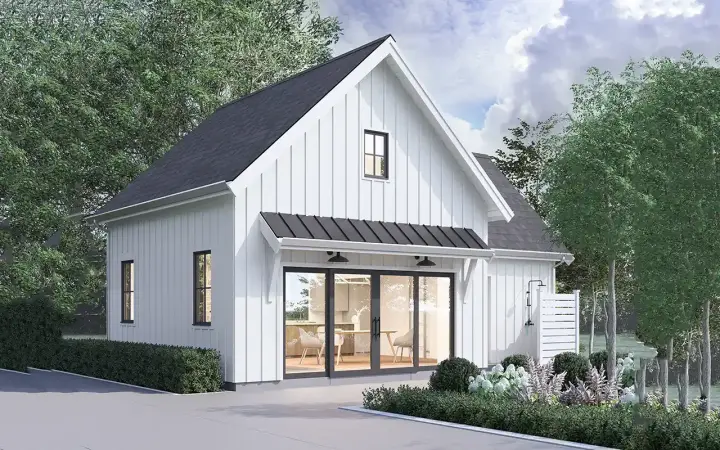 Modern Farmhouse house plans 133-197 - front exterior, 587 sq ft, 1 bed, 1 bath house plans | Monster House Plans