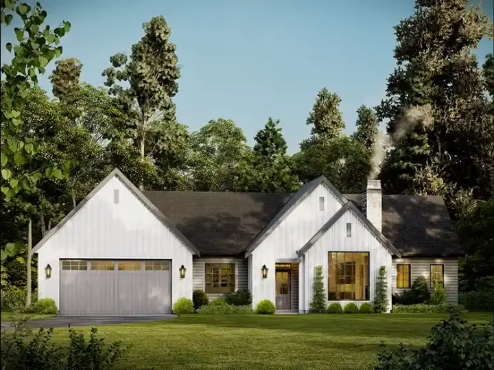 Modern Farmhouse house plans 133-204 - front exterior, 1,077 sq ft, 2 bed, 3 bath house plans | Monster House Plans