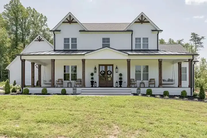 Modern Farmhouse house plans 145-101 - front exterior, 3,684 sq ft, 4 bed, 4 bath house plans | Monster House Plans