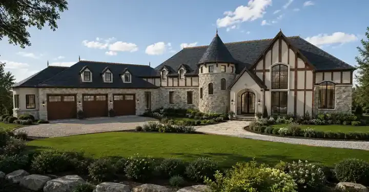 Tudor house plans 145-110 - front exterior, 5,497 sq ft, 4 bed, 3 bath house plans | Monster House Plans