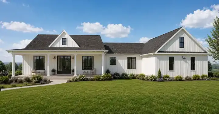 Modern Farmhouse house plans 145-123 - front exterior, 2,006 sq ft, 3 bed, 2 bath house plans | Monster House Plans