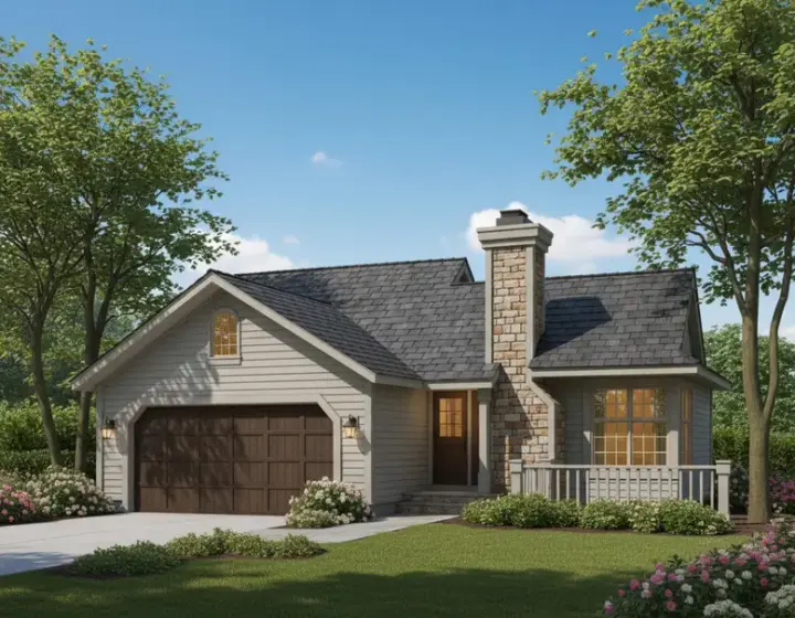 Contemporary house plans 15-424 - front exterior, 988 sq ft, 2 bed, 1 bath house plans | Monster House Plans