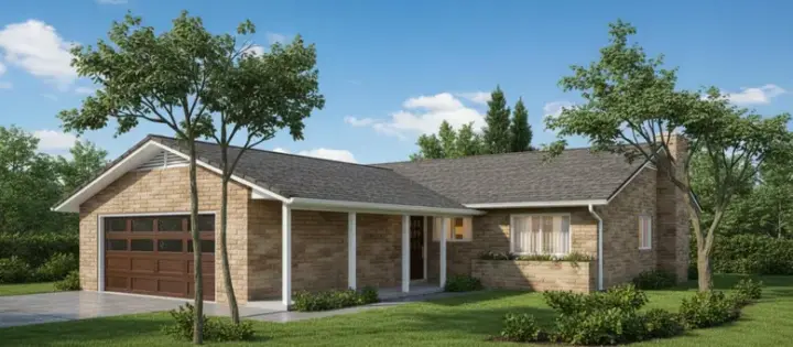 Ranch house plans 15-624 - front exterior, 1,199 sq ft, 2 bed, 2 bath house plans | Monster House Plans