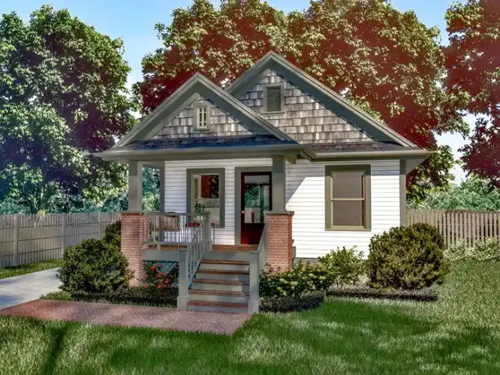 Bungalow house plans 16-101 - front exterior, 704 sq ft, 2 bed, 1 bath house plans | Monster House Plans