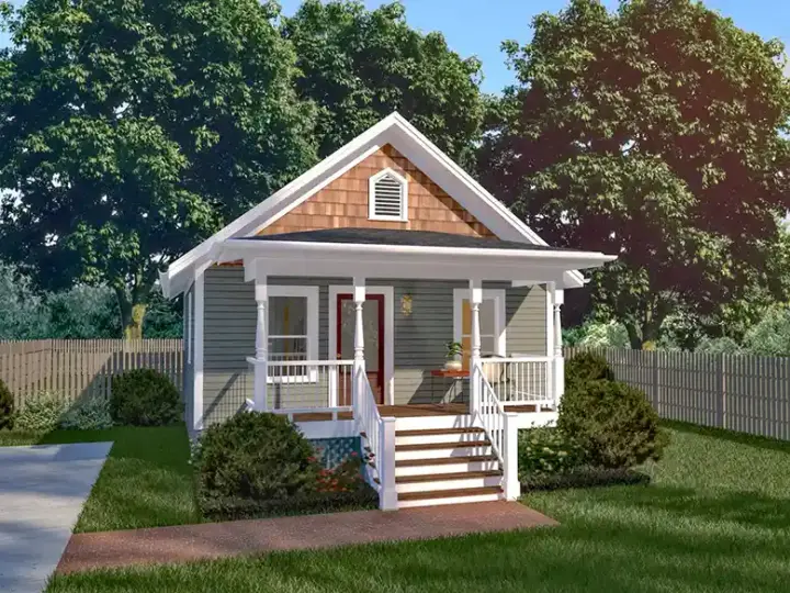 Bungalow house plans 16-102 - front exterior, 704 sq ft, 2 bed, 1 bath house plans | Monster House Plans