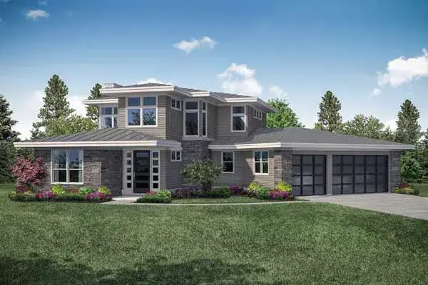 Prairie house plans 17-1011 - front exterior, 3,027 sq ft, 3 bed, 3 bath house plans | Monster House Plans