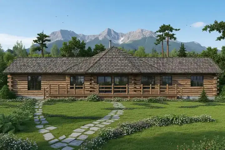 Log Cabin house plans 17-148 - front exterior, 1,390 sq ft, 2 bed, 2 bath house plans | Monster House Plans