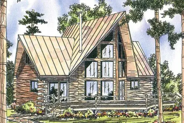 Log Cabin house plans 17-318 - front exterior, 1,216 sq ft, 2 bed, 2 bath house plans | Monster House Plans