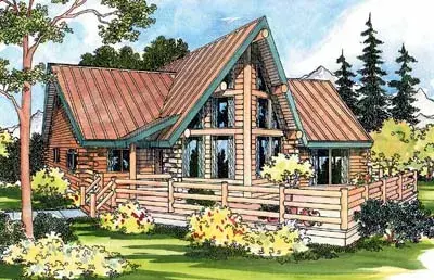 Log Cabin house plans 17-319 - front exterior, 1,384 sq ft, 2 bed, 2 bath house plans | Monster House Plans