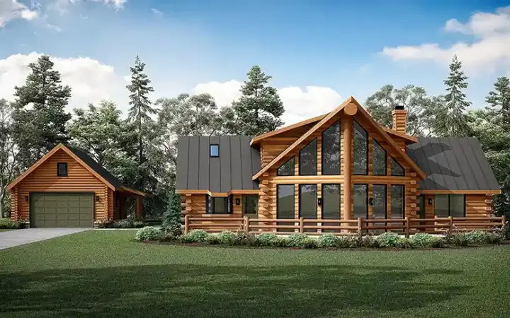 Log Cabin house plans 17-324 - front exterior, 1,987 sq ft, 3 bed, 2 bath house plans | Monster House Plans