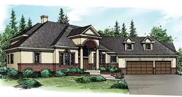 European house plans 17-392 - front exterior, 3,508 sq ft, 3 bed, 3 bath house plans | Monster House Plans