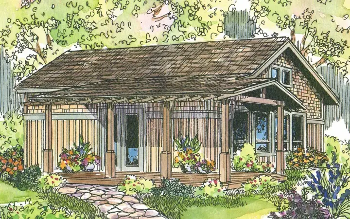 Mountain Rustic house plans 17-589 - front exterior, 960 sq ft, 1 bed, 1 bath house plans | Monster House Plans