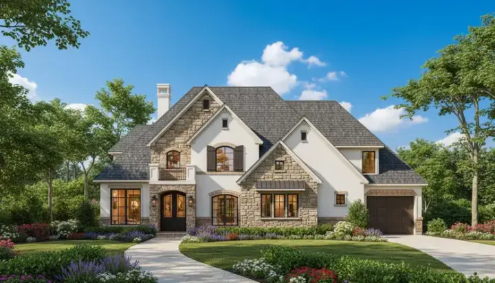French Country house plans 19-1045 - front exterior, 3,885 sq ft, 4 bed, 4 bath house plans | Monster House Plans
