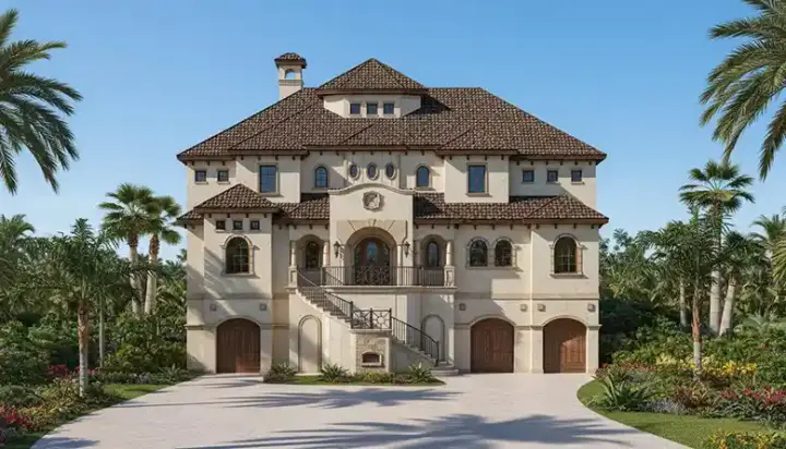 Florida house plans 19-1049 - front exterior, 5,509 sq ft, 6 bed, 6 bath house plans | Monster House Plans