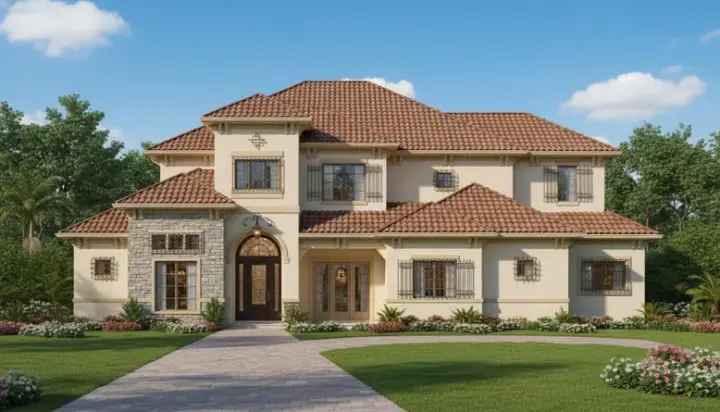 Tuscan house plans 19-1091 - front exterior, 5,471 sq ft, 5 bed, 5 bath house plans | Monster House Plans