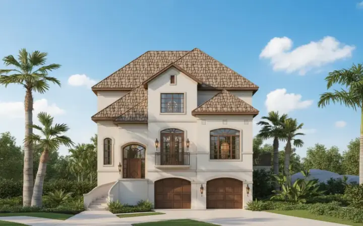Coastal house plans 19-1122 - front exterior, 3,384 sq ft, 3 bed, 3 bath house plans | Monster House Plans