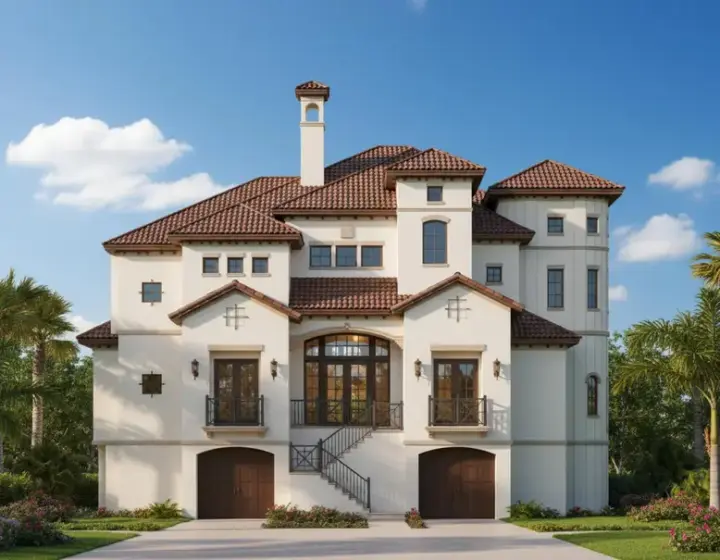 Tuscan house plans 19-1207 - front exterior, 4,885 sq ft, 4 bed, 4 bath house plans | Monster House Plans