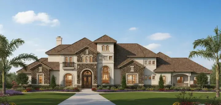 Tuscan house plans 19-1214 - front exterior, 5,255 sq ft, 5 bed, 5 bath house plans | Monster House Plans