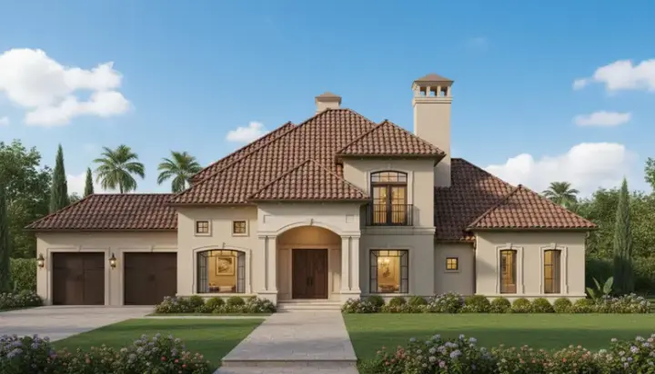 Tuscan house plans 19-1334 - front exterior, 4,287 sq ft, 4 bed, 4 bath house plans | Monster House Plans