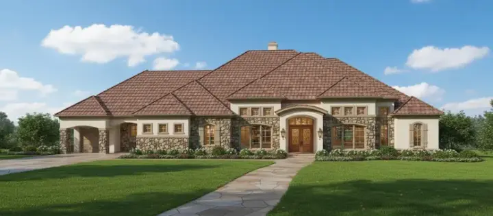 European house plans 19-1493 - front exterior, 3,719 sq ft, 3 bed, 3 bath house plans | Monster House Plans