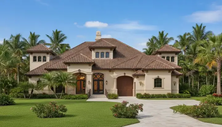 Mediterranean house plans 19-1801 - front exterior, 3,660 sq ft, 3 bed, 4 bath house plans | Monster House Plans