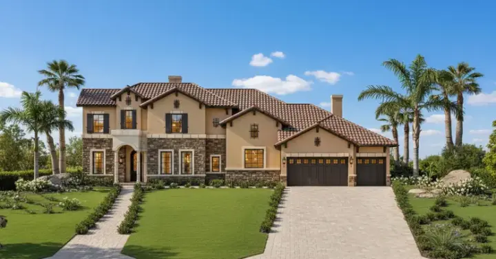 Tuscan house plans 19-1888 - front exterior, 4,328 sq ft, 5 bed, 4 bath house plans | Monster House Plans