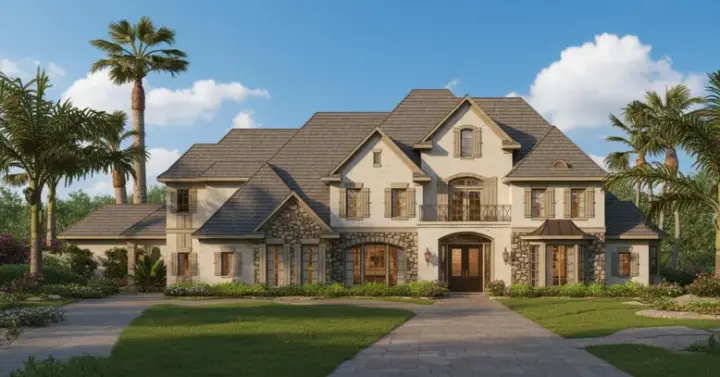 French Country house plans 19-285 - front exterior, 5,446 sq ft, 4 bed, 4 bath house plans | Monster House Plans
