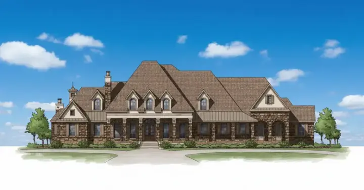 French Country house plans 19-373 - front exterior, 5,690 sq ft, 5 bed, 5 bath house plans | Monster House Plans
