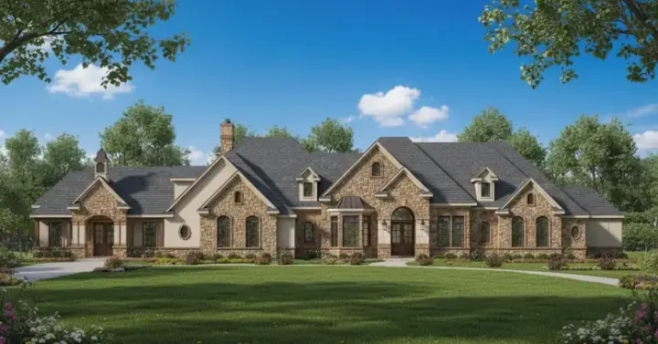 French Country house plans 19-408 - front exterior, 5,888 sq ft, 5 bed, 6 bath house plans | Monster House Plans
