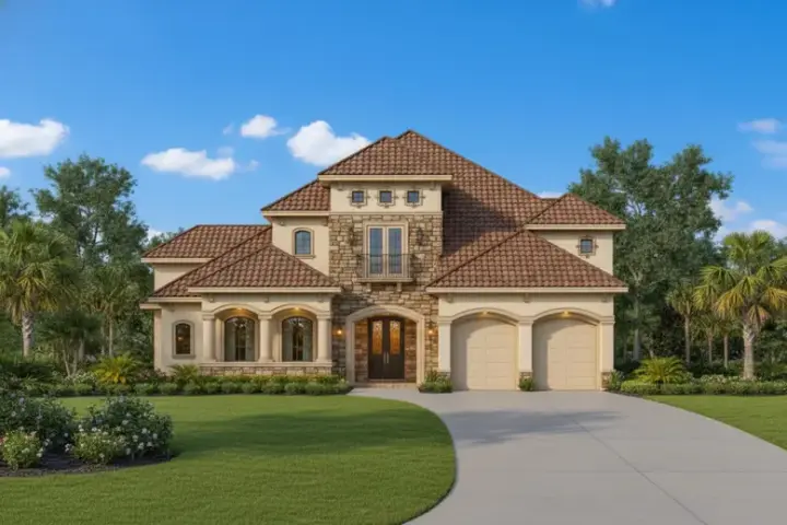 Tuscan house plans 19-473 - front exterior, 4,332 sq ft, 4 bed, 3 bath house plans | Monster House Plans